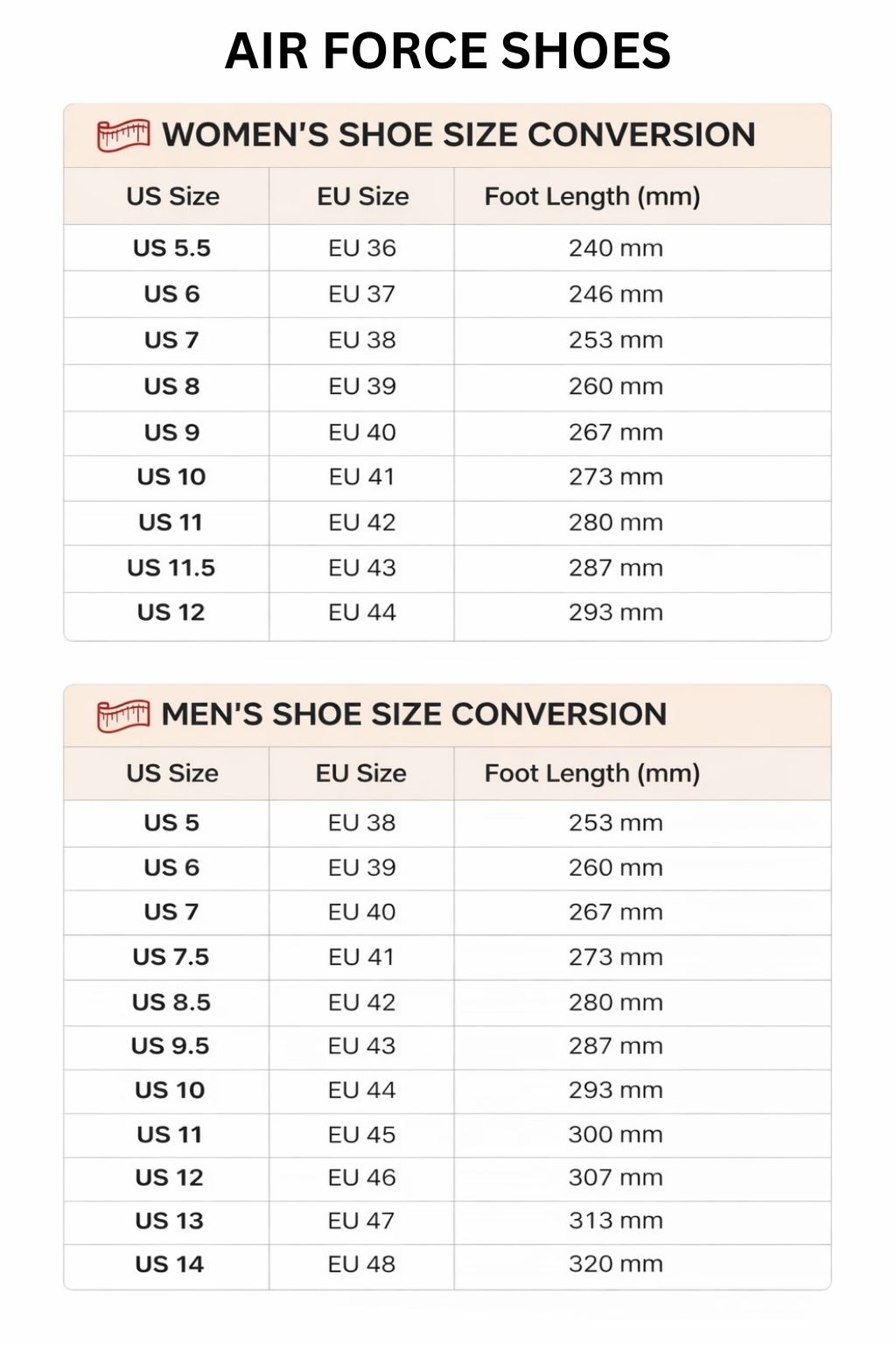 Air Force Shoes Size Chart - Chainsaw Man AU Store