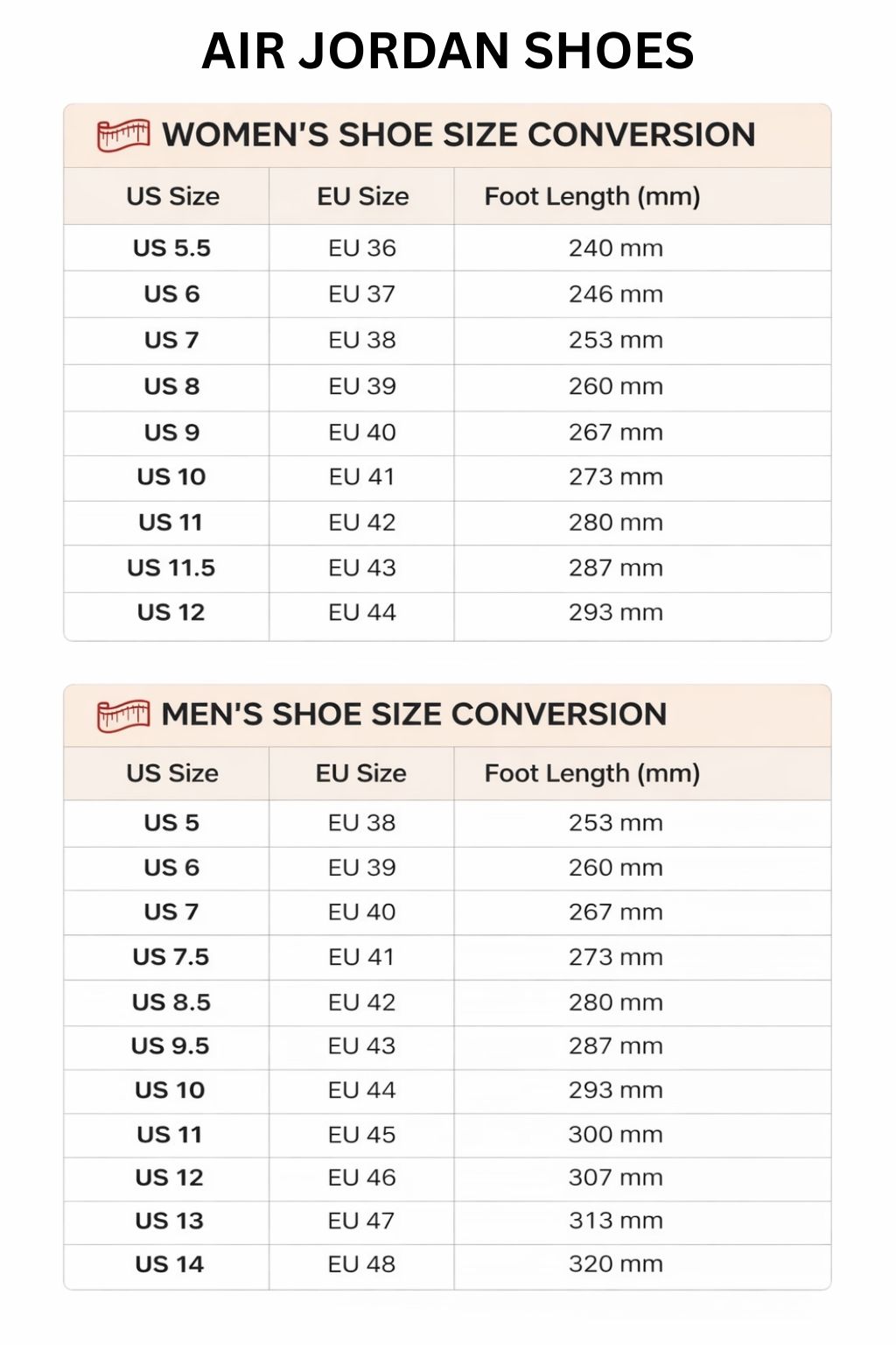 Air Jordan High Low Top Shoes Size Chart - Chainsaw Man AU Store