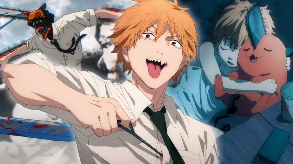 chainsaw man anime collage of denji in hybrid form pulling his cord and cuddling with pochita - Chainsaw Man AU Store